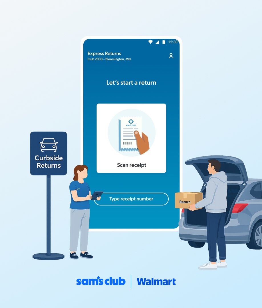Express Returns app screen beside a Curbside Returns sign, an associate with a tablet and a member unloading a return from their car