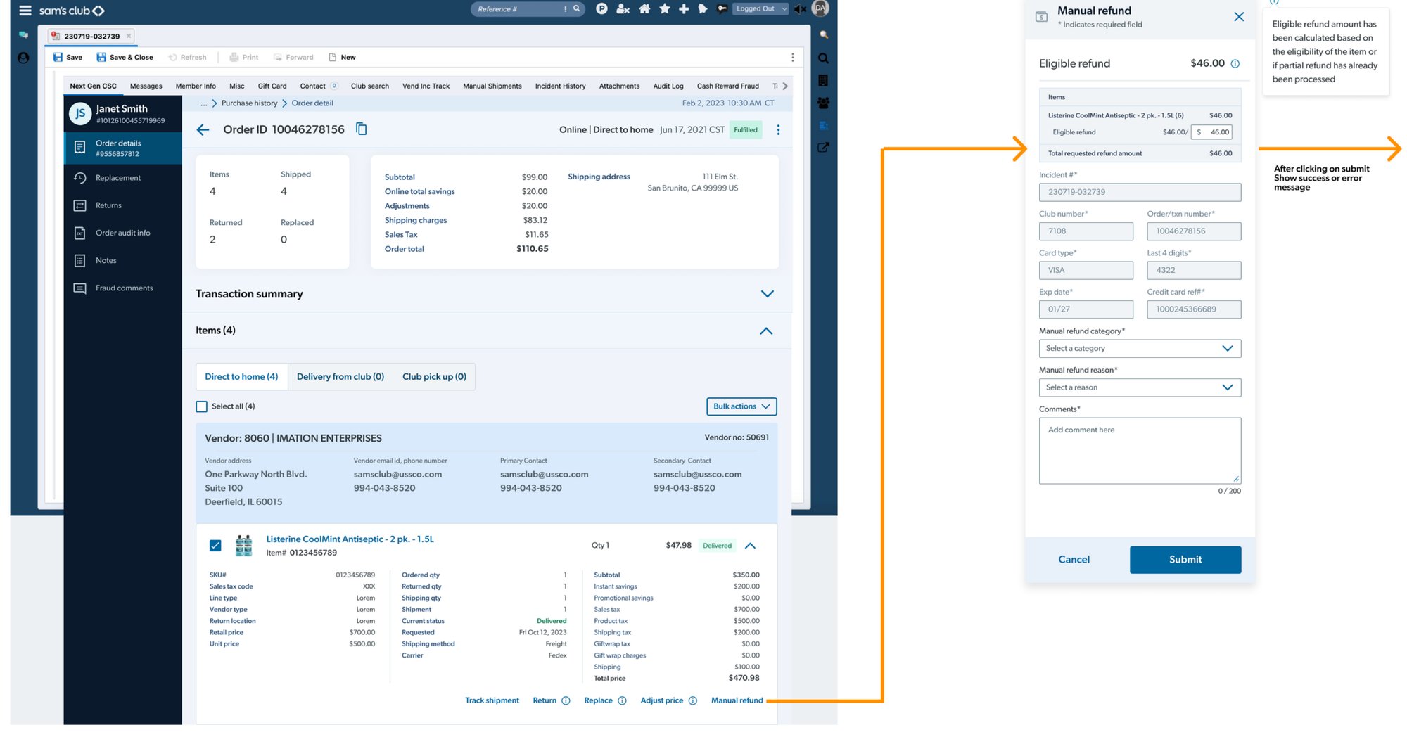Order details page with a manual refund panel opening from the order
