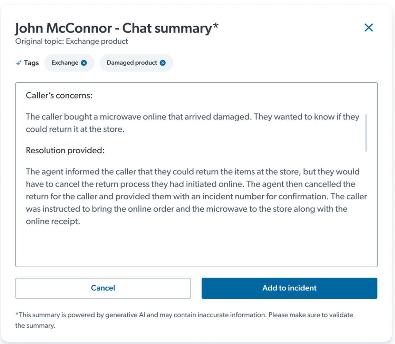 Chat summary card with topic tags, Caller's concerns, Resolution provided, Cancel and Add to incident buttons, and an AI disclaimer